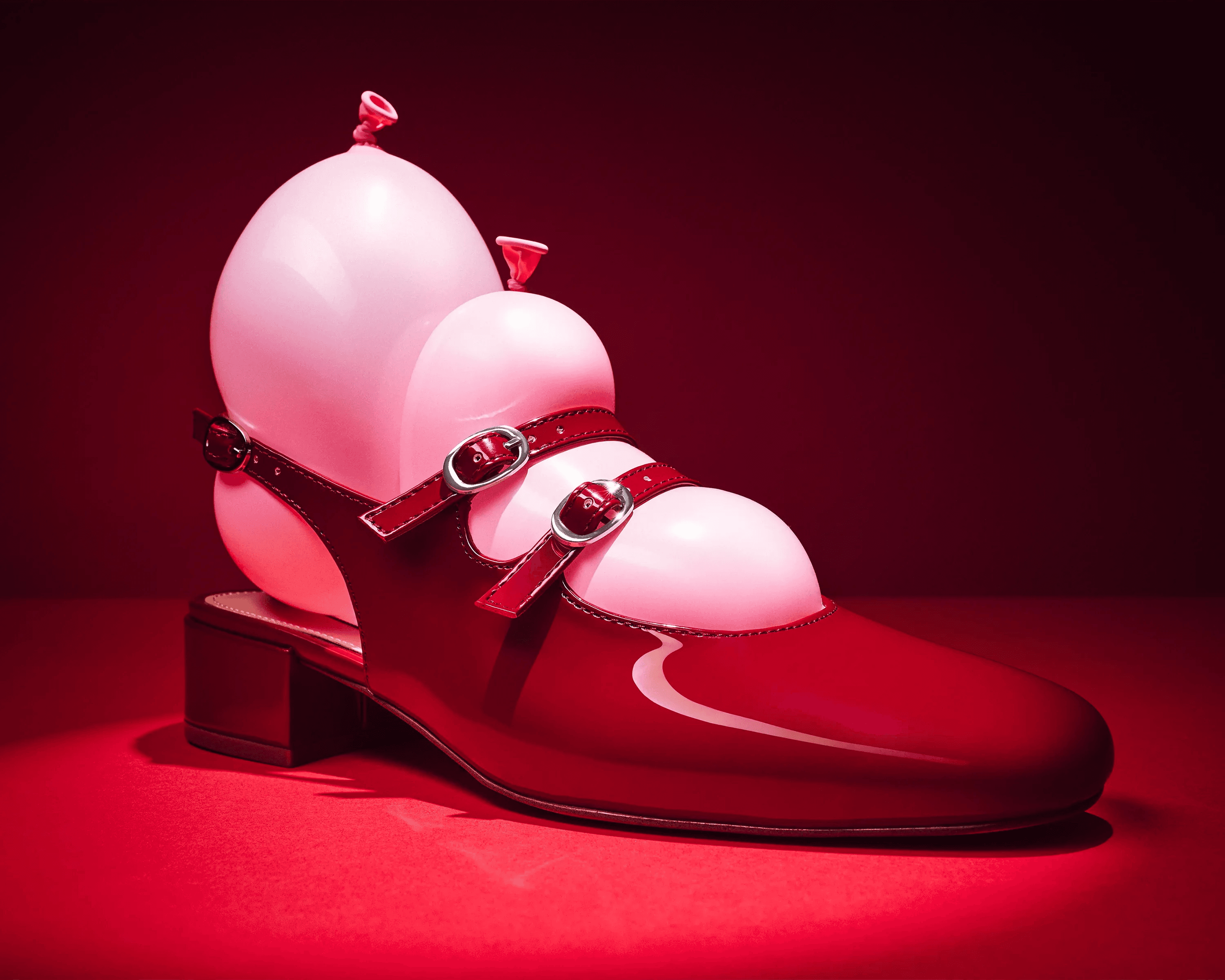 close up detail of red patent Steve Madden Mary Jane heel with balloon, luxury footwear product photography London
